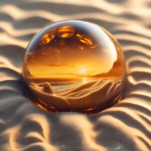 Una bola de cristal sobre la arena en la que se refleja el atardecer